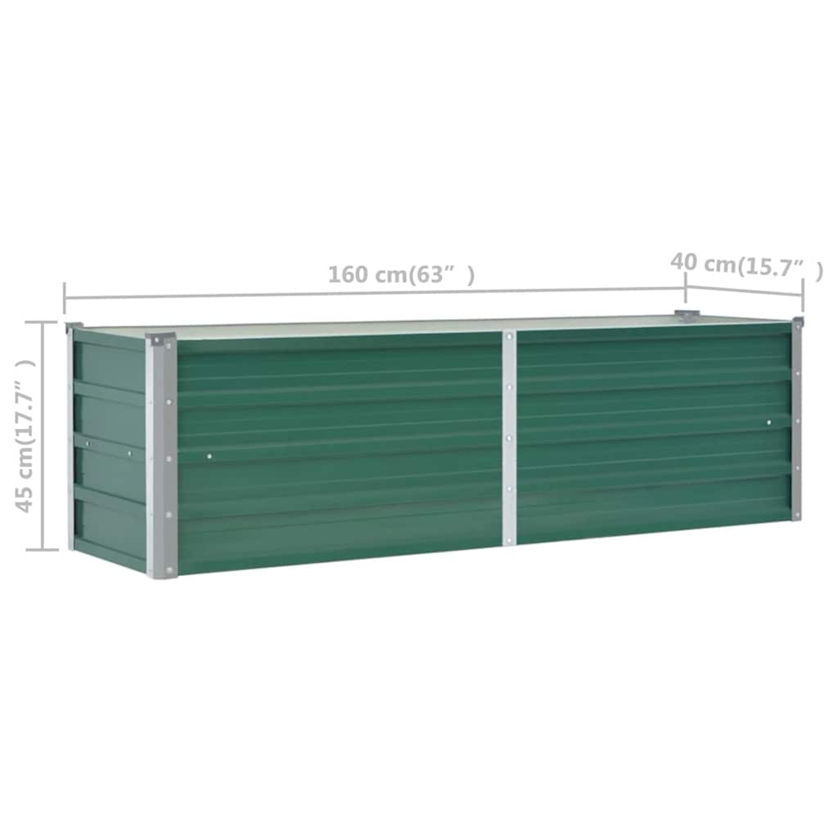 Ein grünes rechteckiges Gartenbeet. Abmessungen: 160 cm lang, 40 cm breit und 45 cm hoch, vor weißem Hintergrund.