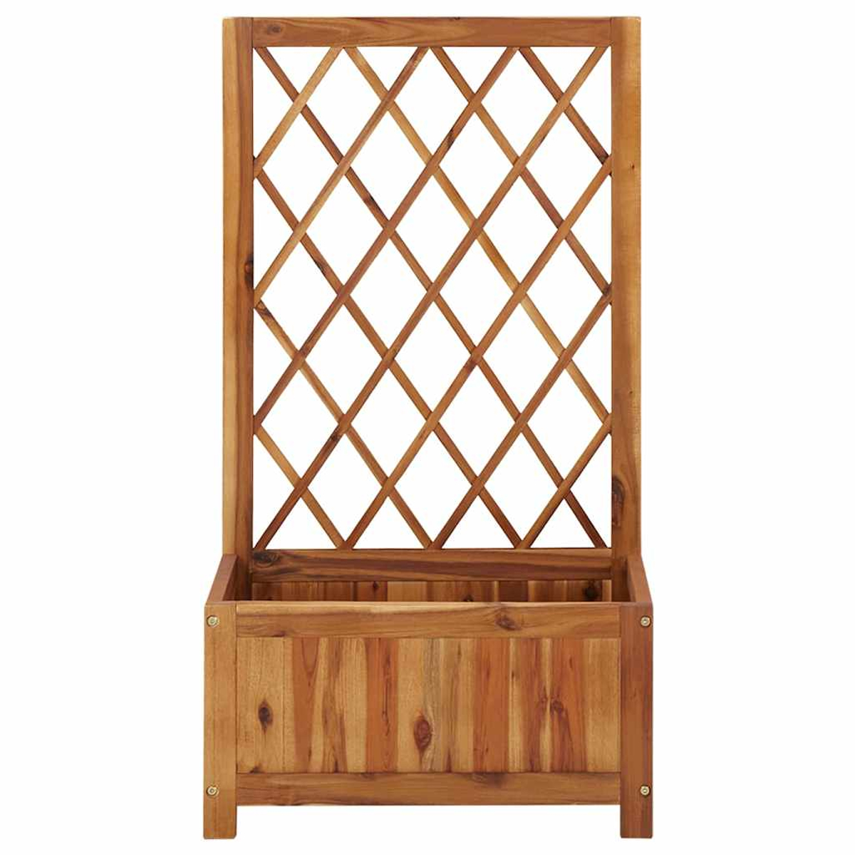 Holzpflanzer mit Gitterrückwand. Die Pflanzkasten ist rechteckig, das Gitter rautenförmig. Es ist aus Naturholz gefertigt.