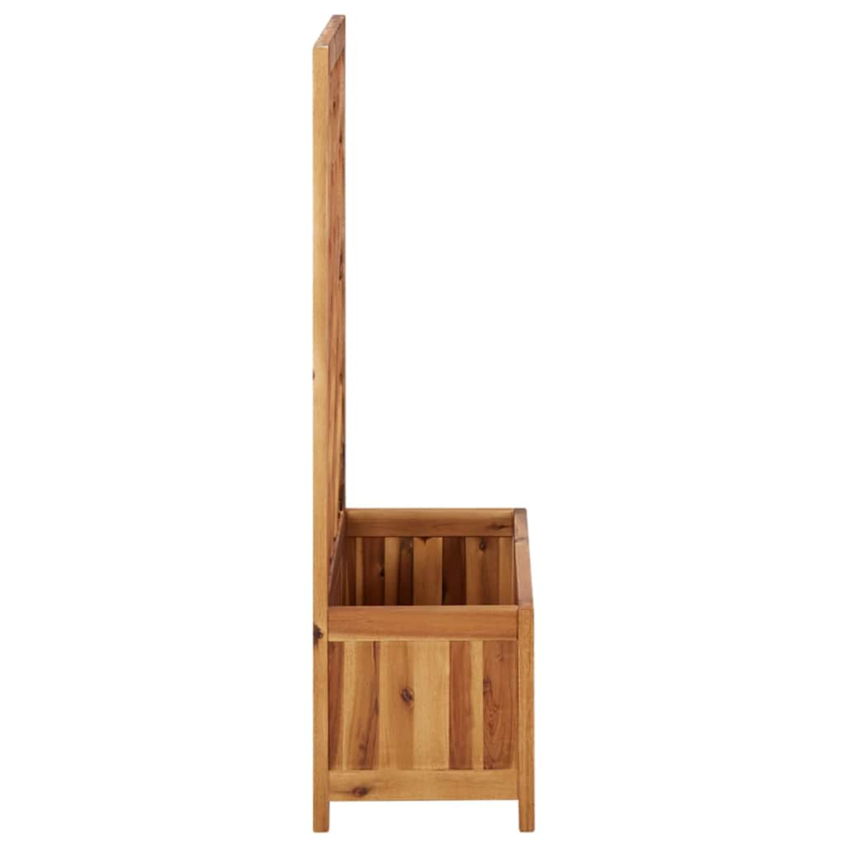 Eine Holzbank mit hoher Rückenlehne, von der Seite gesehen, die ihr Ablagefach zeigt.