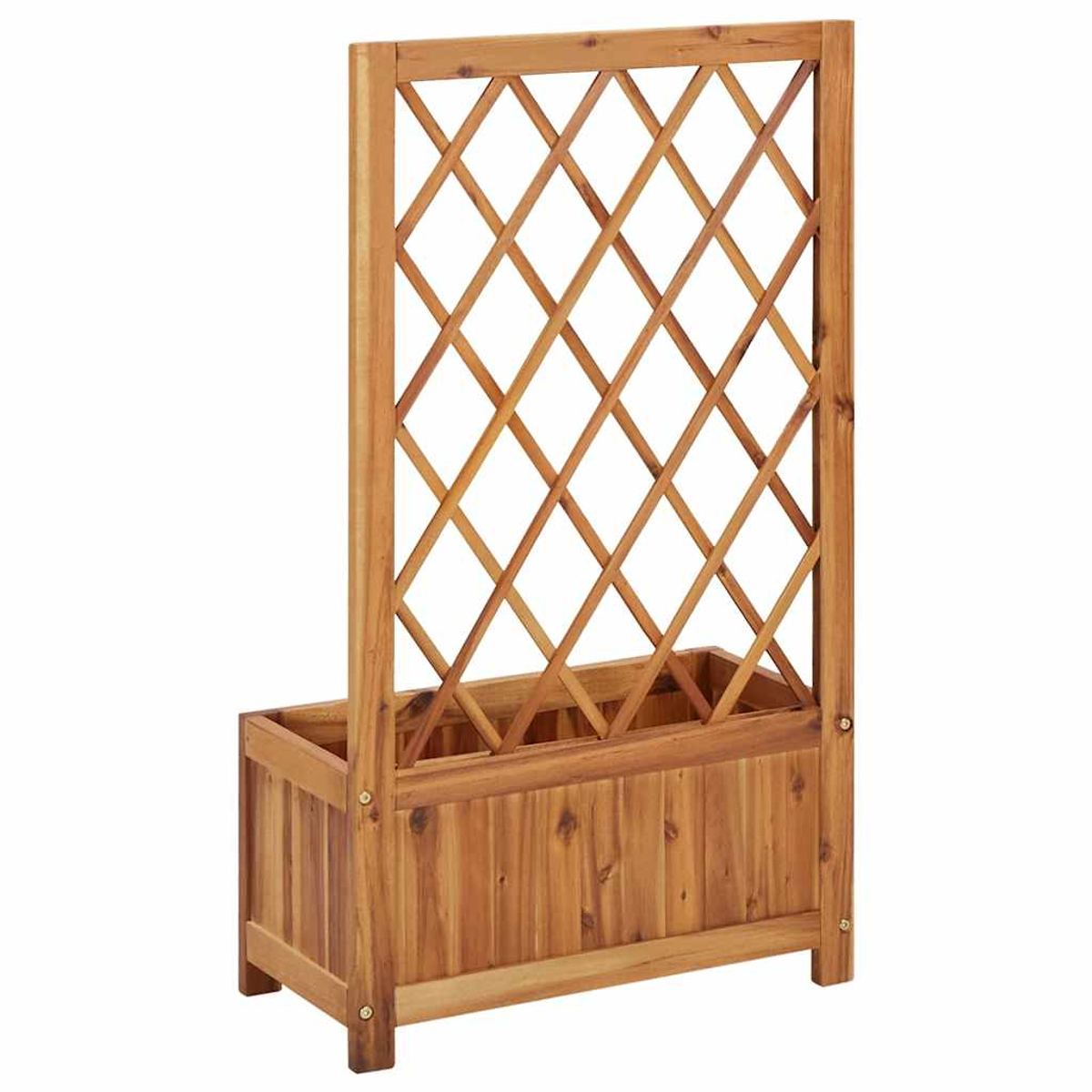 Holz-Pflanzenständer mit Rankgitter. Er hat eine rechteckige Pflanzkastenbasis und ein rautenförmiges Gitter.