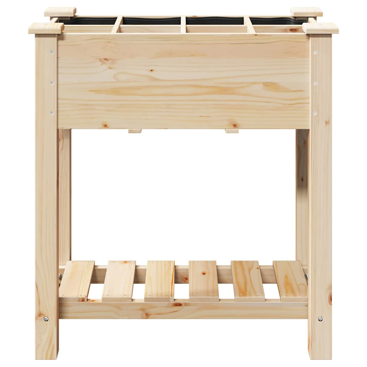 Un'aiuola rialzata in legno, marrone chiaro, ha una forma rettangolare con un ripiano, vuota all'interno, su sfondo bianco.
