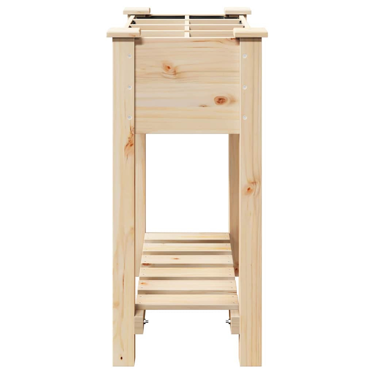 Un'aiuola in legno con un ripiano. Ha una forma rettangolare ed è realizzata in legno chiaro. Lo sfondo è bianco.