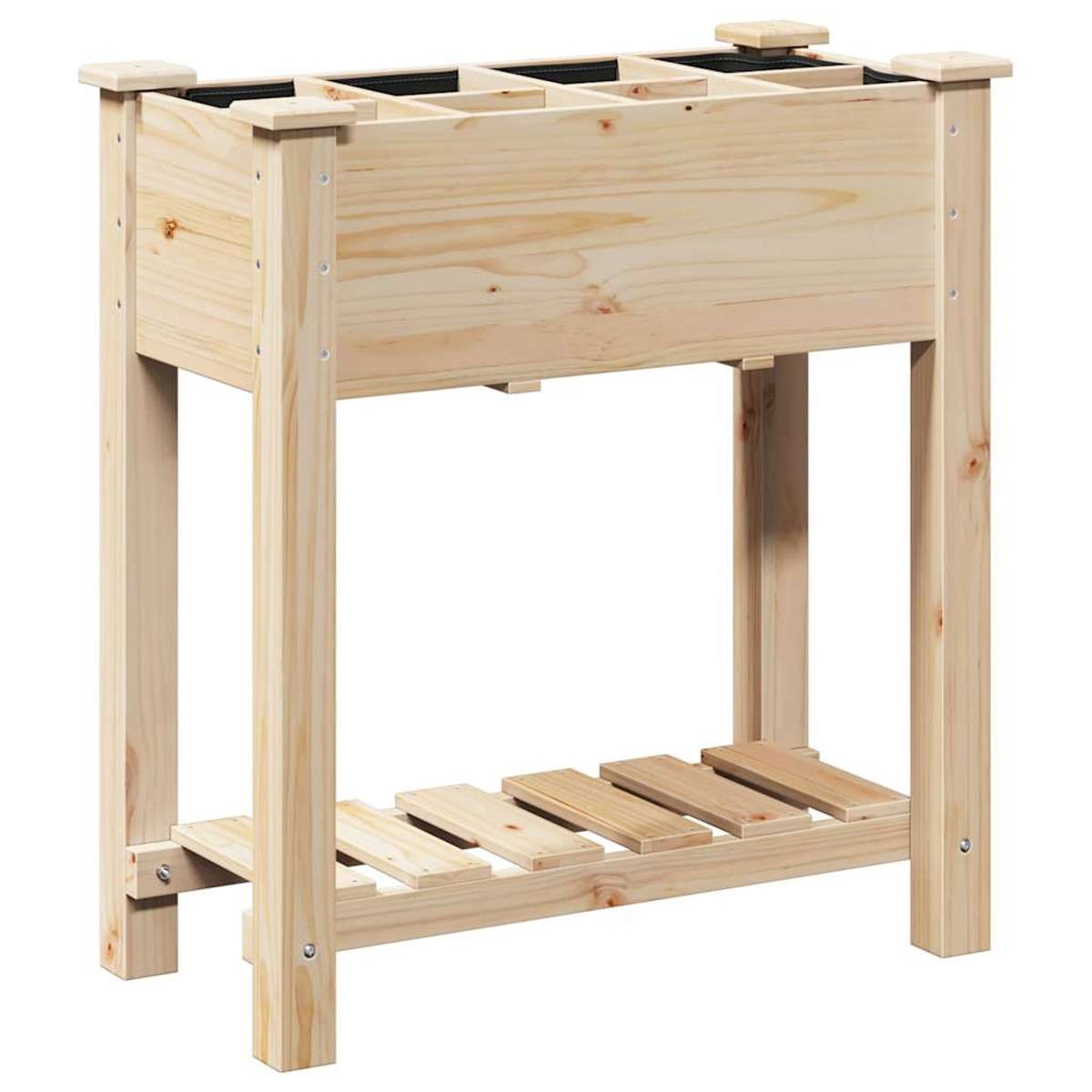 Un'aiuola rialzata in legno. Ha una fioriera rettangolare con divisori, sostenuta da gambe e un ripiano a doghe sul fondo.