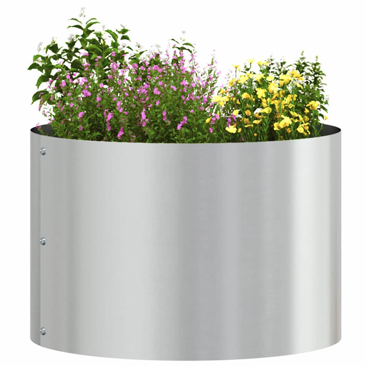 Ein zylindrischer Metallpflanzer gefüllt mit rosa, gelben und weißen Blütenpflanzen. Der Pflanzer steht vor weißem Hintergrund.