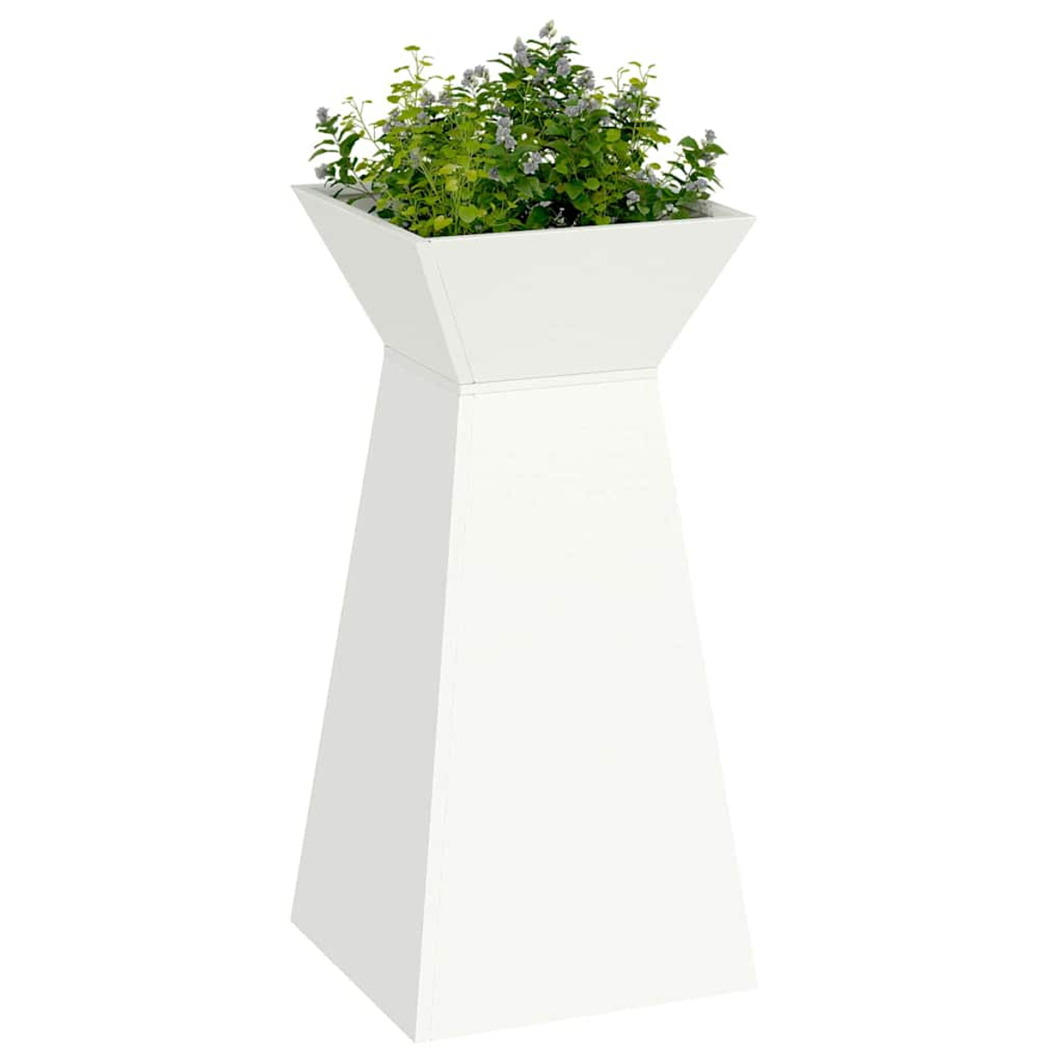 Un'aiuola bianca e moderna con base e sommità trapezoidali. Piante verdi e piccoli fiori viola sono nella fioriera.