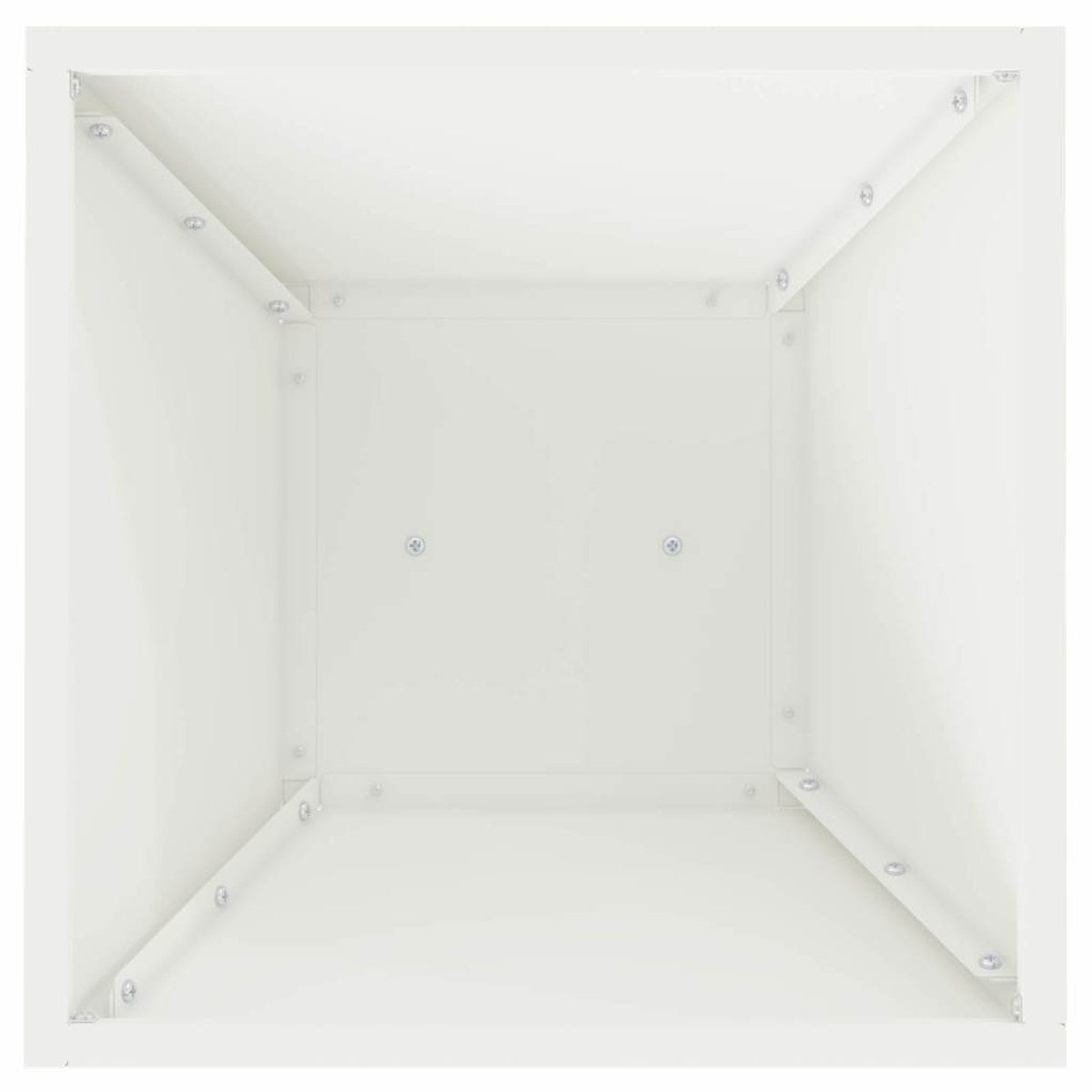 Vista interna di una scatola bianca con viti visibili. La scatola ha quattro pareti e una base. La scatola è vuota.