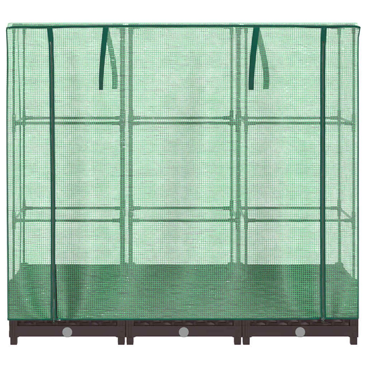 Una serra a rete verde con base marrone. Ha più ripiani ed è progettata per la crescita delle piante.