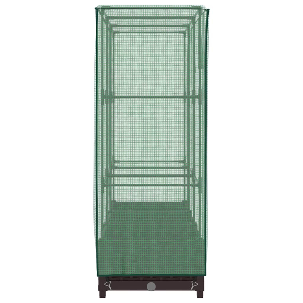 Una serra verde con copertura a rete. Si trova su una base marrone con gambe. La struttura ha diversi ripiani.