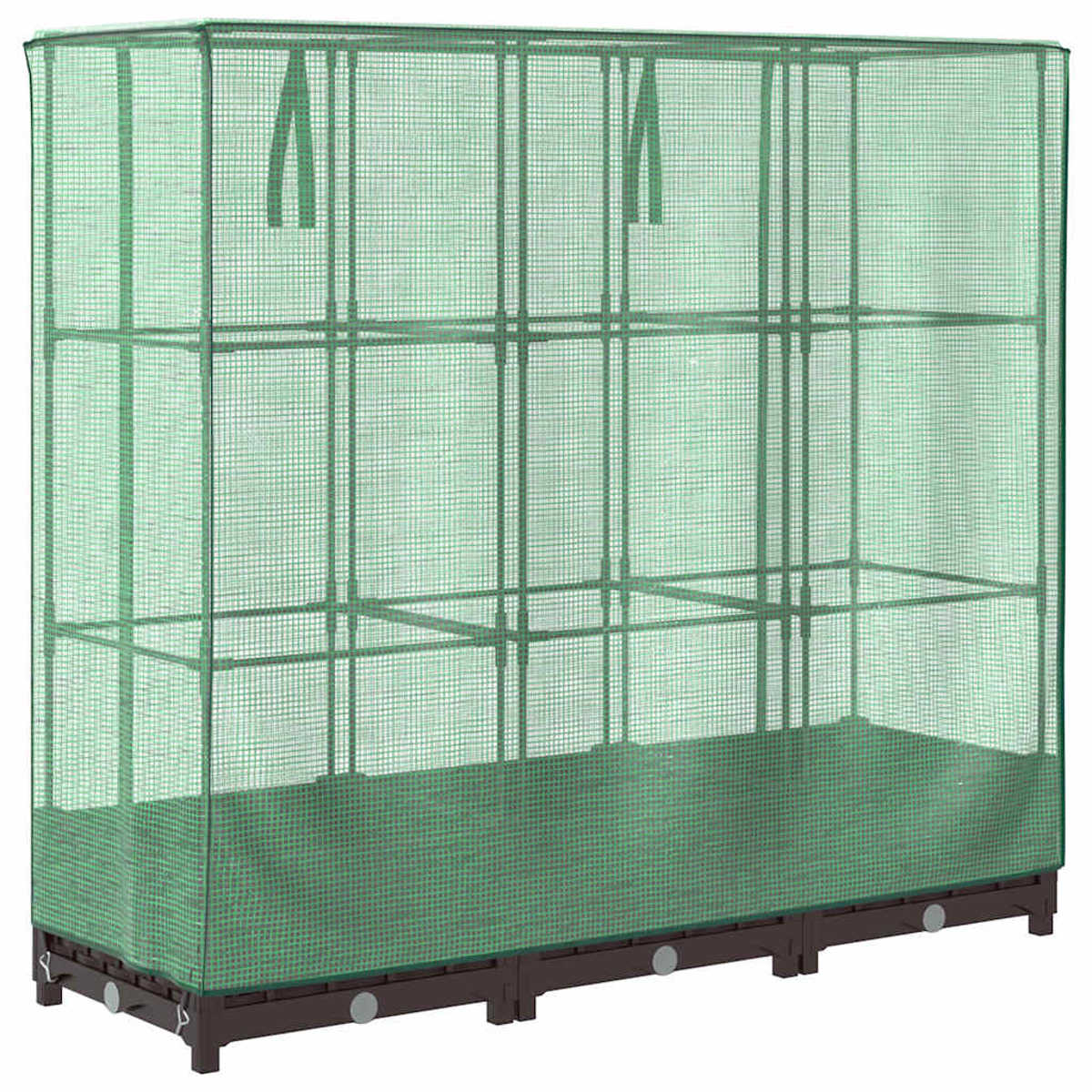 Una serra verde con copertura a rete. Ha una base e un telaio marrone, con tre sezioni e cinghie di sospensione.