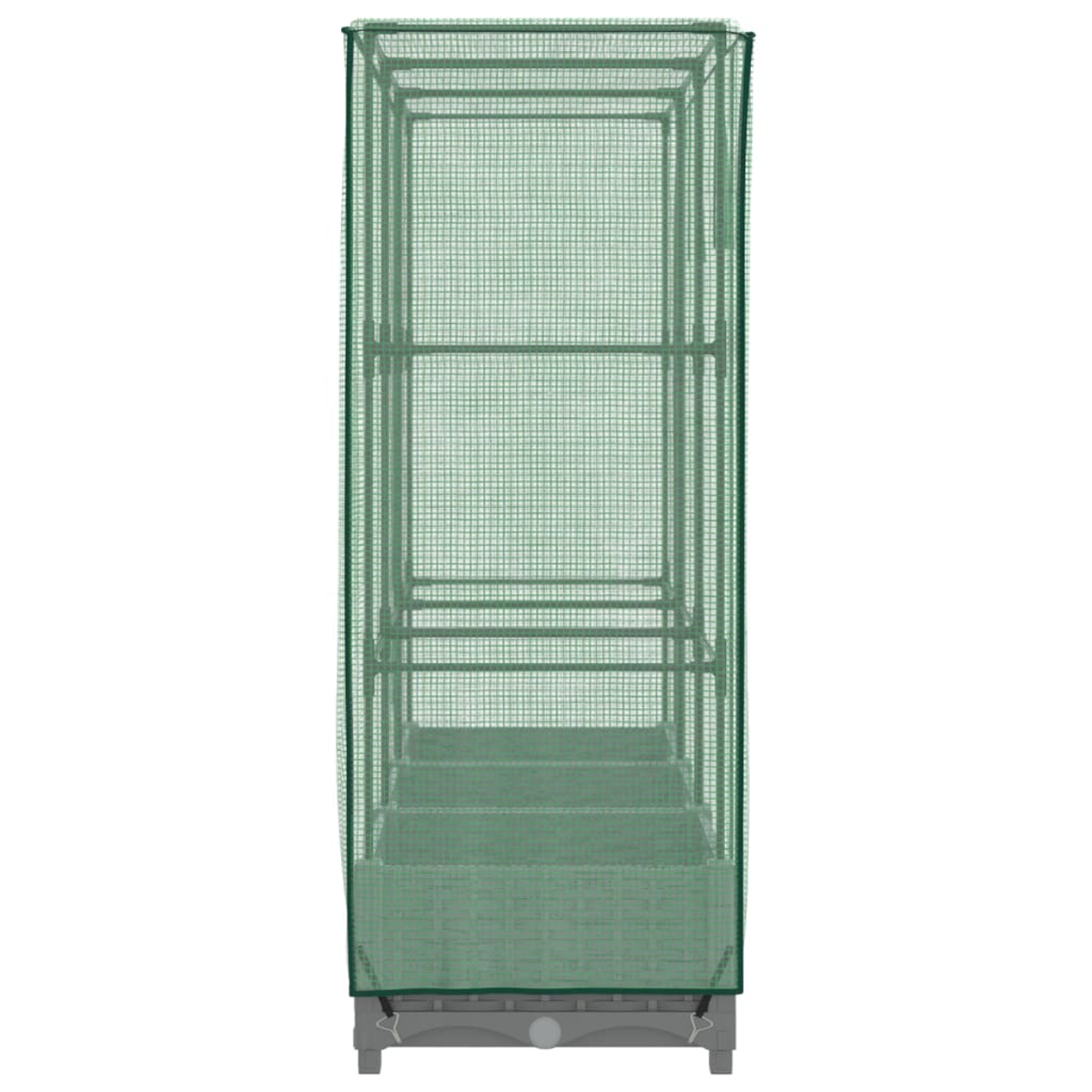 Una serra rettangolare verde. Ha una struttura metallica ricoperta da un tessuto a rete. Ha più ripiani e poggia su una base grigia.