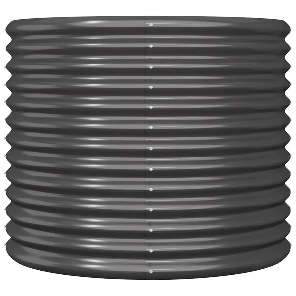 Ein zylindrischer, wellblechförmiger Metallbehälter, dunkelgrau. Nieten verlaufen vertikal die Seite hinunter.