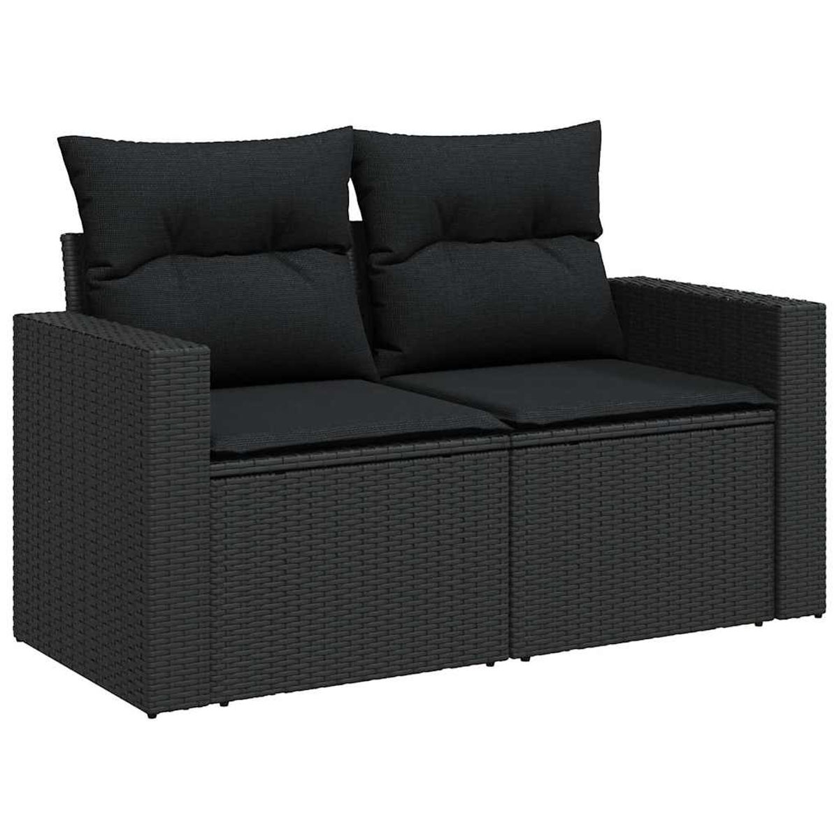 Ein schwarzes Zweisitzer-Sofa mit zwei Rückenkissen und zwei Sitzkissen. Das Sofa hat eine gewebte Textur.