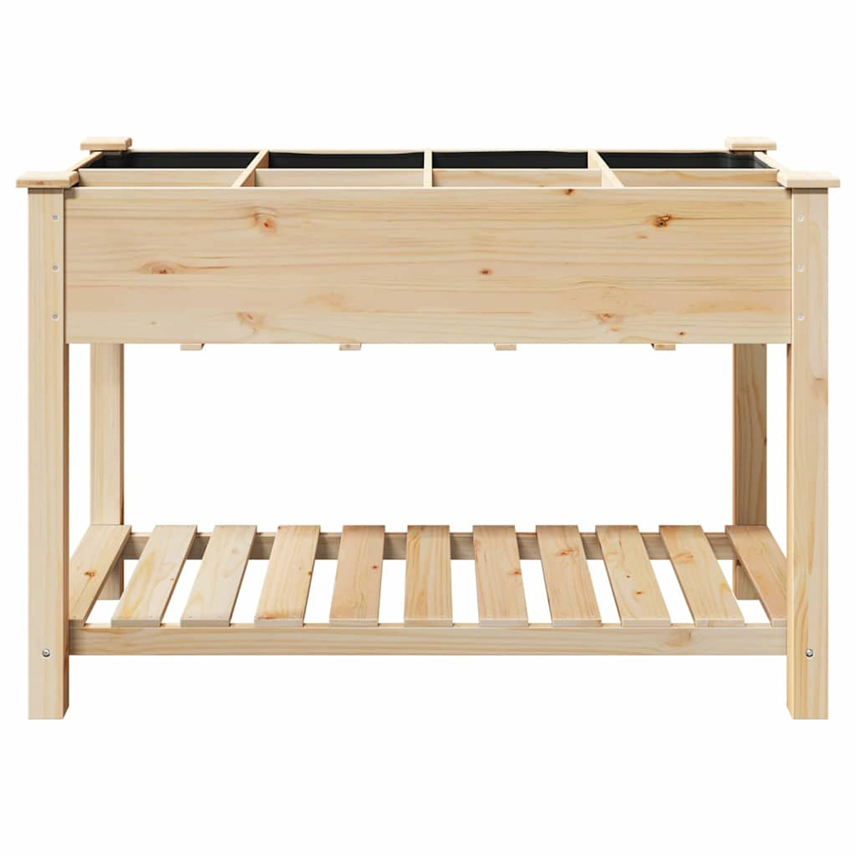 Erhöhtes Gartenbeet aus Holz mit Fächern und einem unteren Regal. Hellbraune Holzfarbe. Schwarze Auskleidung in den Fächern.