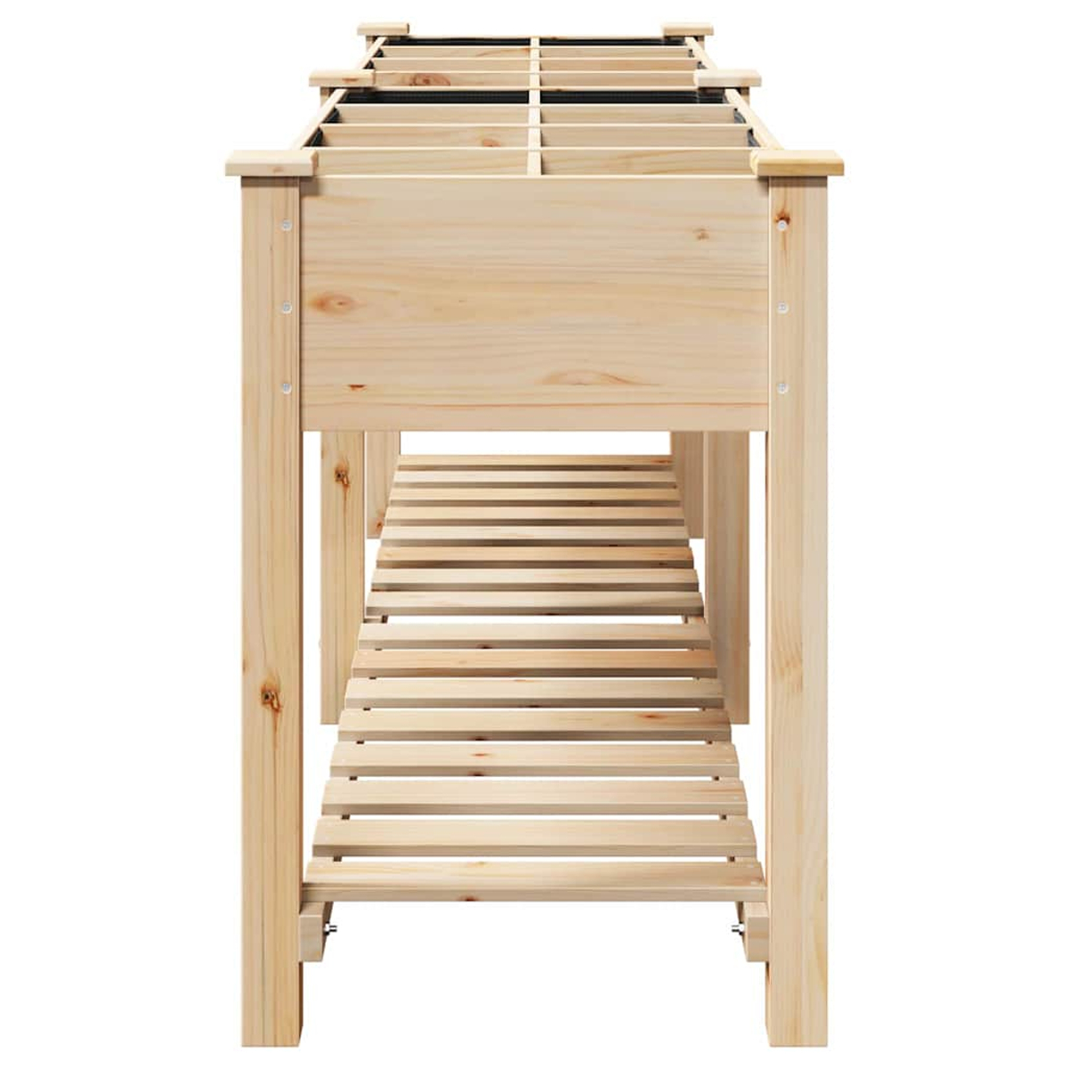 Ein erhöhter Gartenbeet aus Holz mit einem Lattenregal. Es besteht aus hellfarbenem Holz und ist leer, bereit zum Bepflanzen.