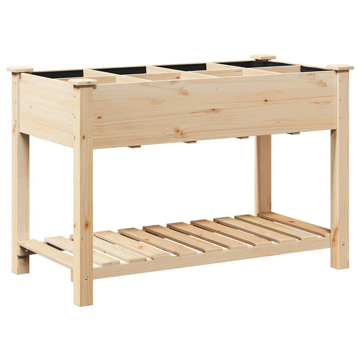 Ein erhöhtes Gartenbeet aus Holz. Es hat eine rechteckige Form mit Fächern zum Bepflanzen und ein Lattenregal unten.