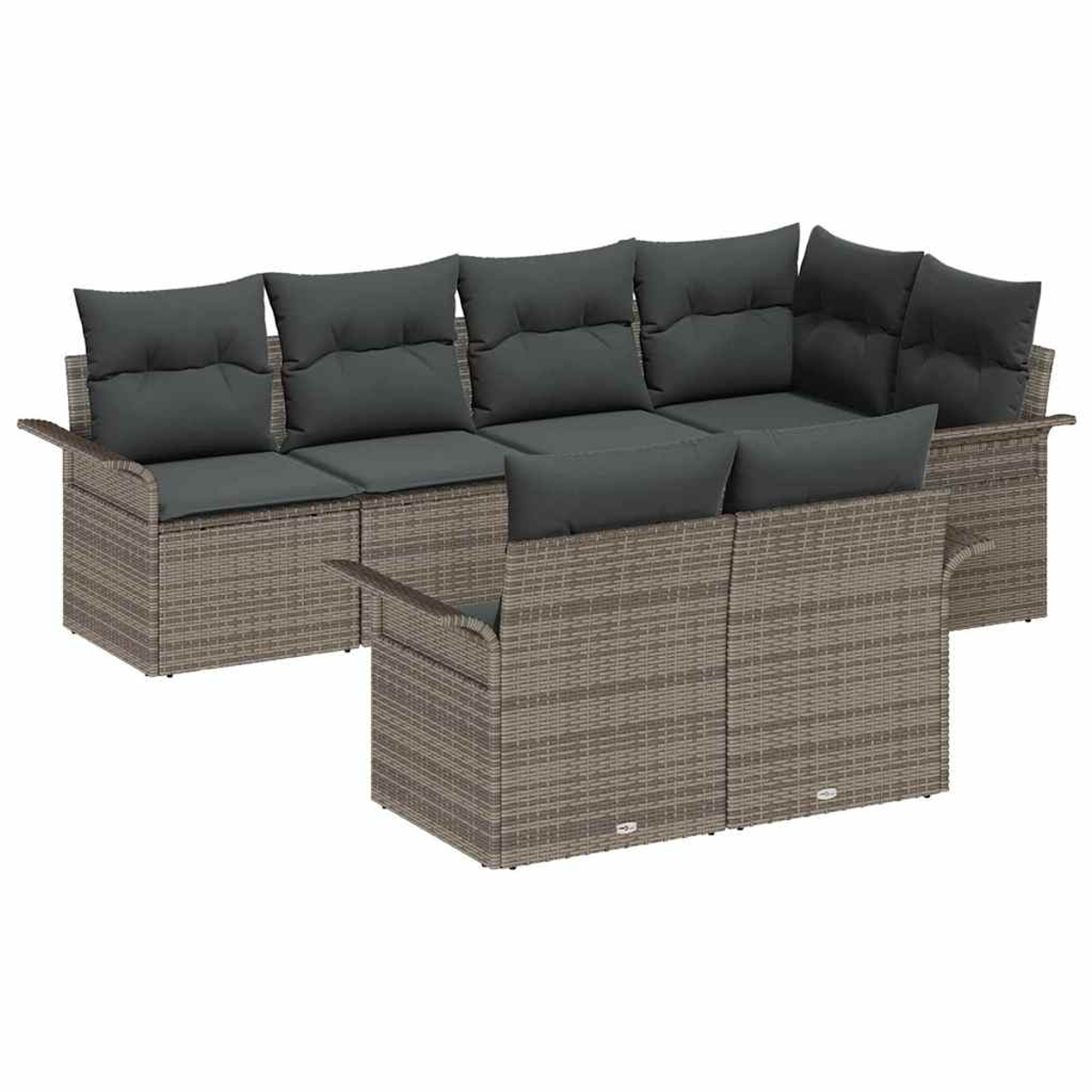 Rattansofa-Set für den Außenbereich mit grauen Kissen. Das Set umfasst mehrere modulare Teile in Eckkonfiguration.