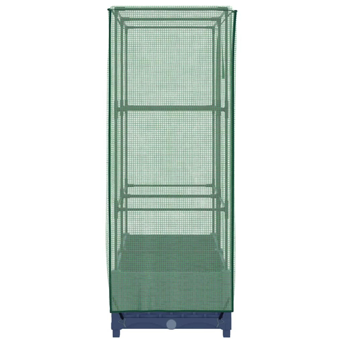 Una serra alta e verde. Ha una copertura a rete e una base blu scuro. L'interno è visibile, con ripiani.
