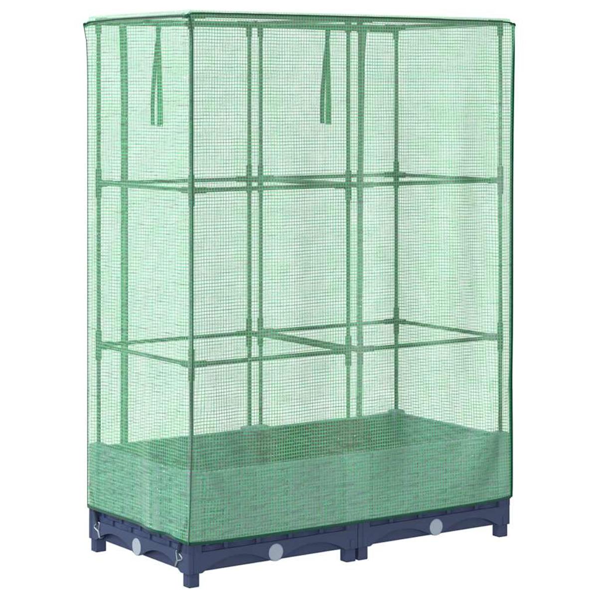 Una serra verde con una copertura a rete. Il telaio è in metallo e poggia su una base blu scuro. Ha più ripiani.