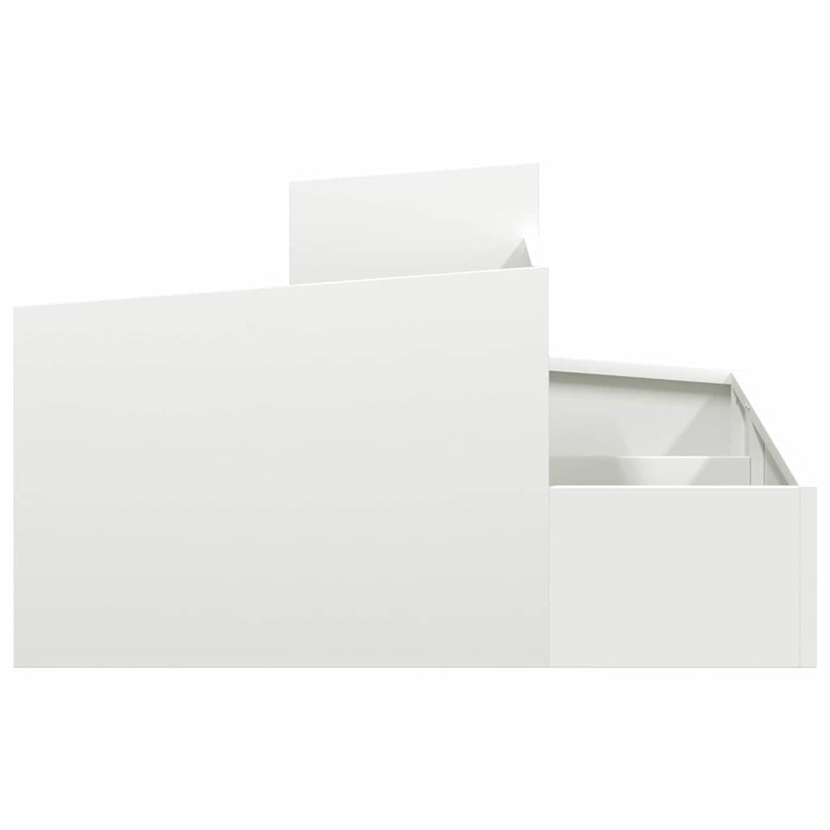 Una struttura bianca a gradini con un cassetto aperto è raffigurata su sfondo bianco. La forma appare moderna e minimalista.