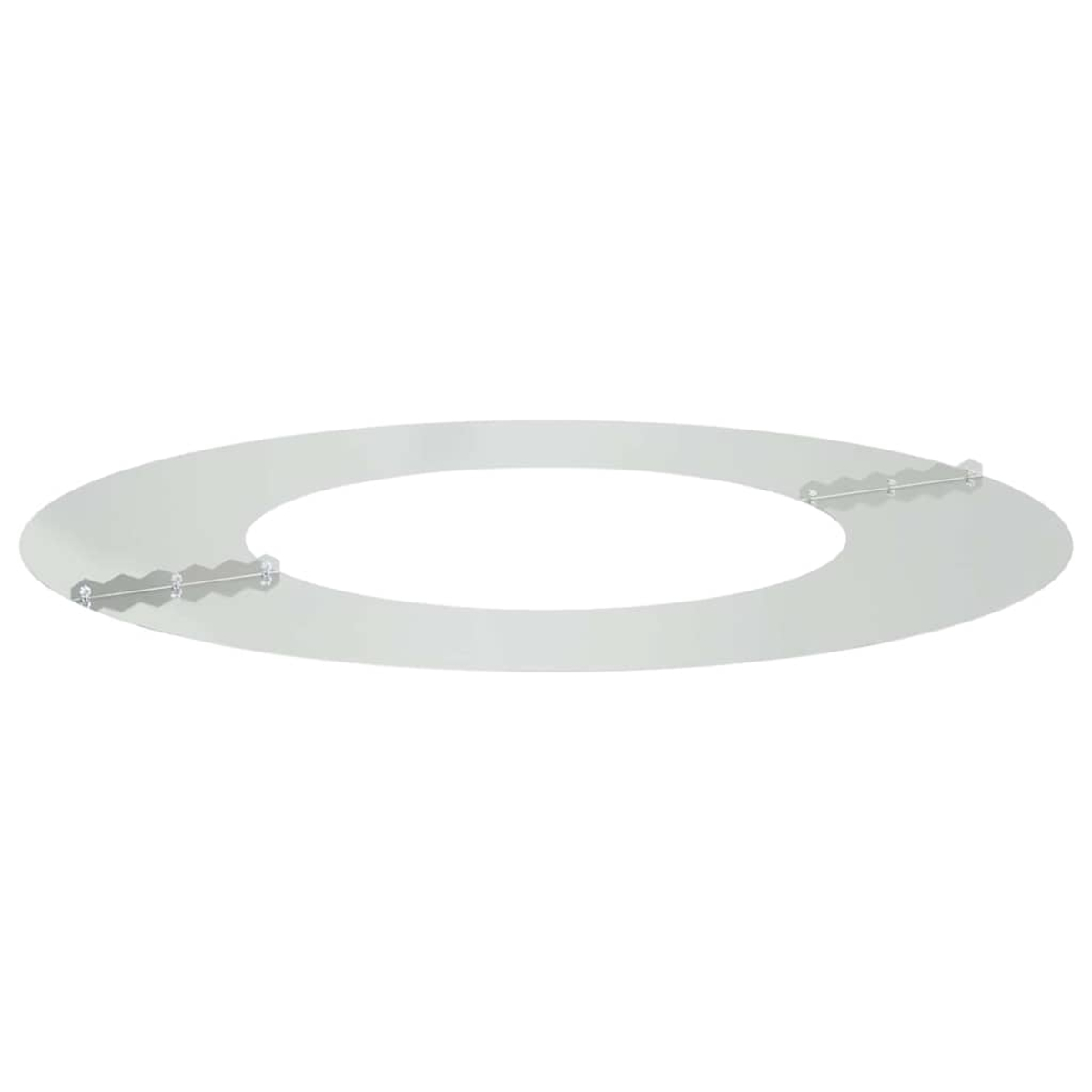 Un oggetto circolare in metallo color argento con un foro al centro. L'oggetto ha piccole staffe metalliche distanziate.