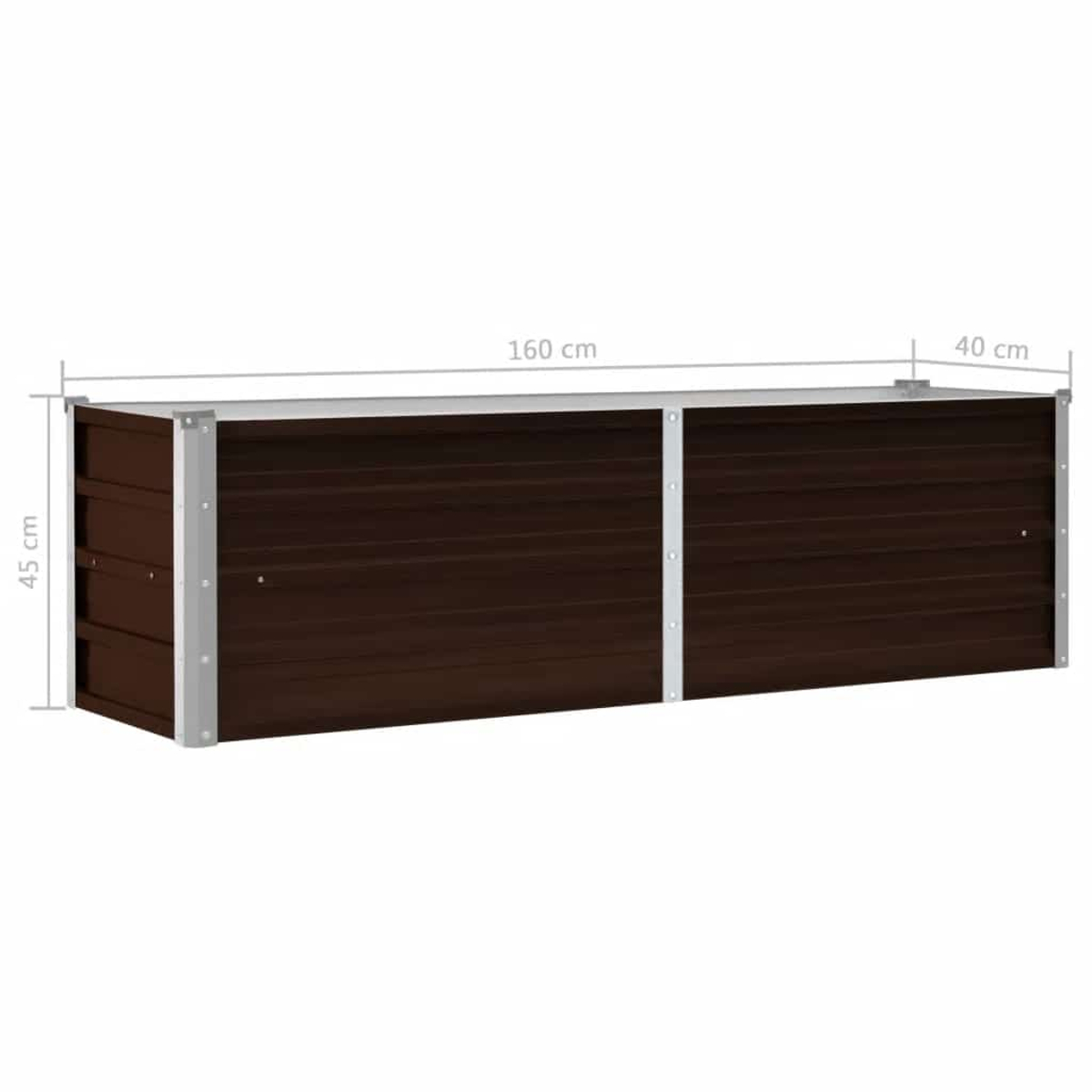 Eine braune Metall-Aufbewahrungsbox mit silbernem Rahmen. Sie ist 160 cm lang, 45 cm hoch und 40 cm breit.