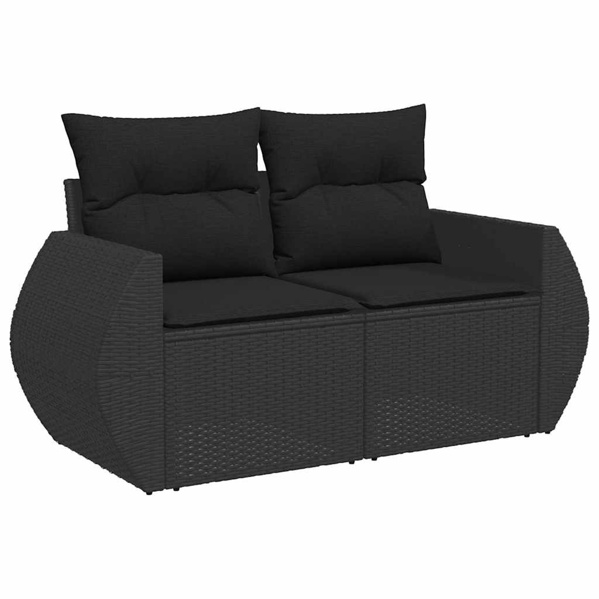 Ein schwarzes Zweisitzer-Sofa mit zwei Kissen auf den Rückenlehnen. Das Sofa hat ein gewebtes Muster.