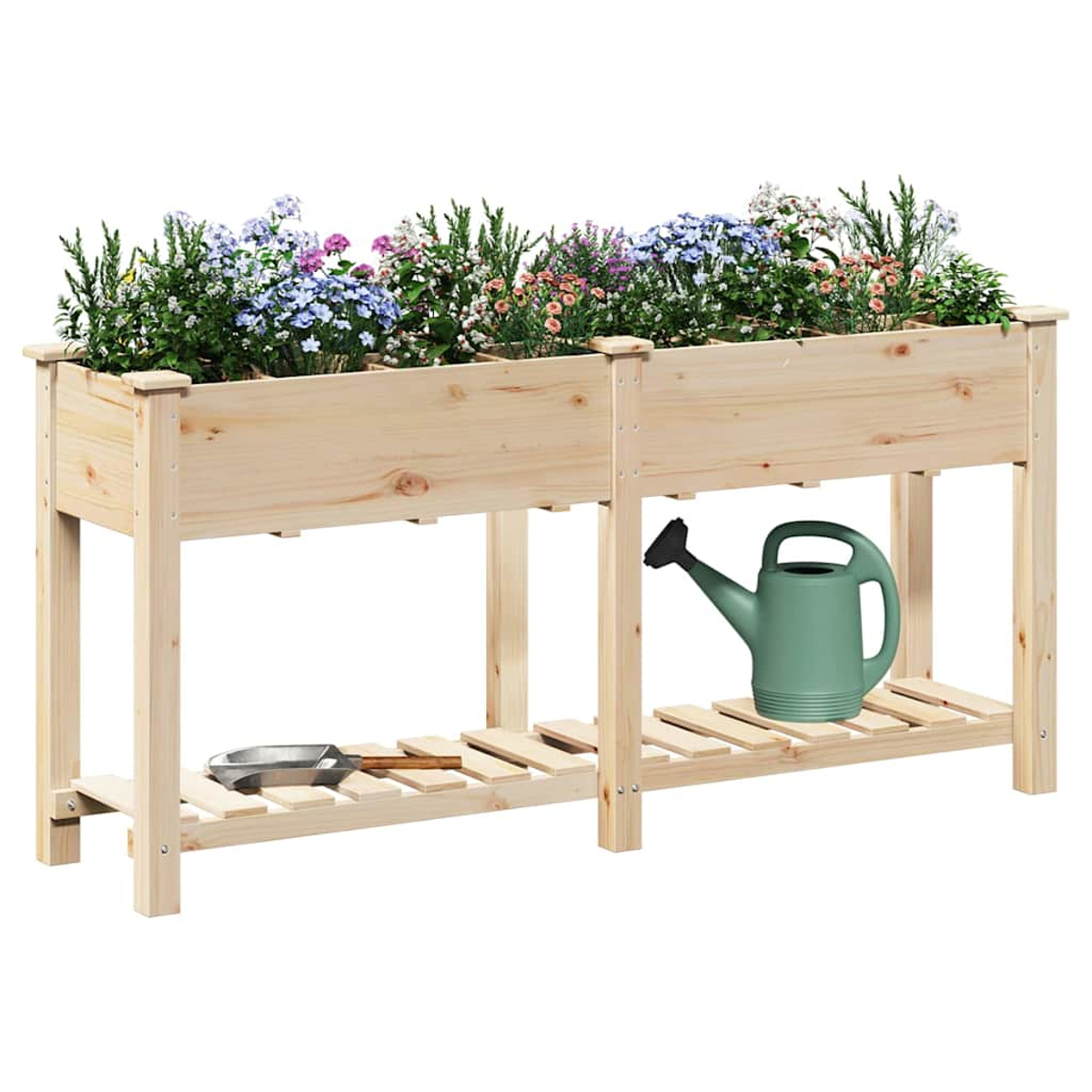 Erhöhtes Gartenbeet aus Holz mit bunten Blumen. Eine grüne Gießkanne und ein Gartengerät sind unten sichtbar. Das Beet ist leer.