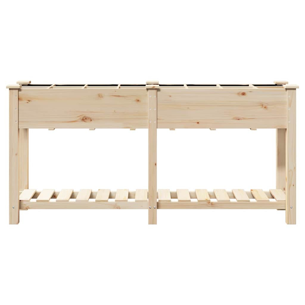 Eine hölzerne Pflanzkasten mit zwei Abschnitten, einem Lattenrost und einer hellen Holzfarbe. Der Hintergrund ist weiß.