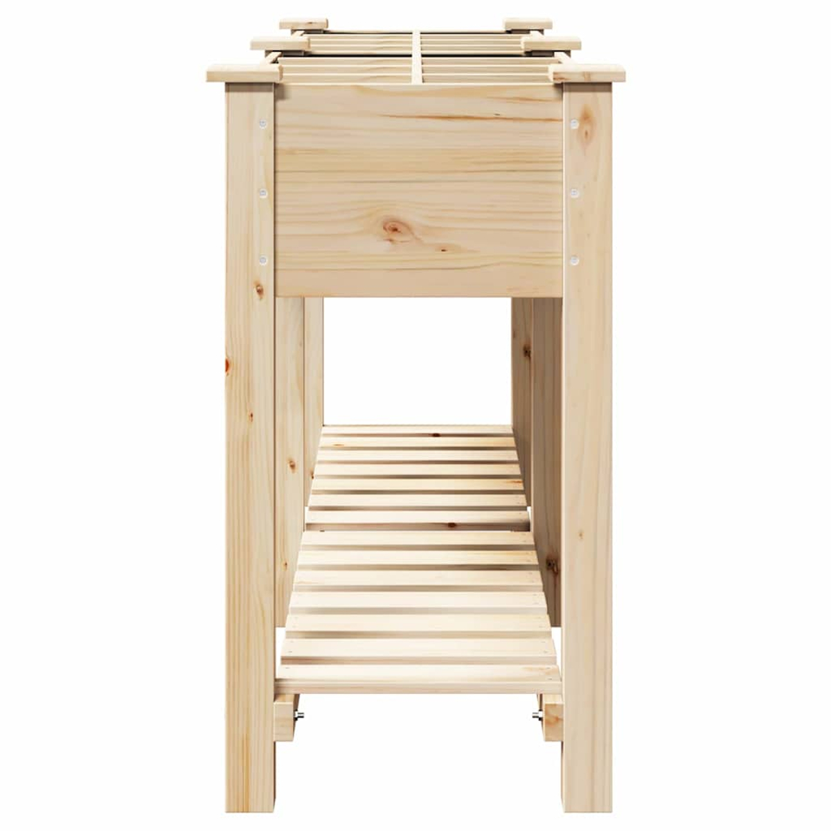 Ein erhöhter Pflanztisch aus Holz mit Beinen. Er hat ein Regal und eine Lattenrost-Oberseite zum Bepflanzen. Das Holz ist hell.