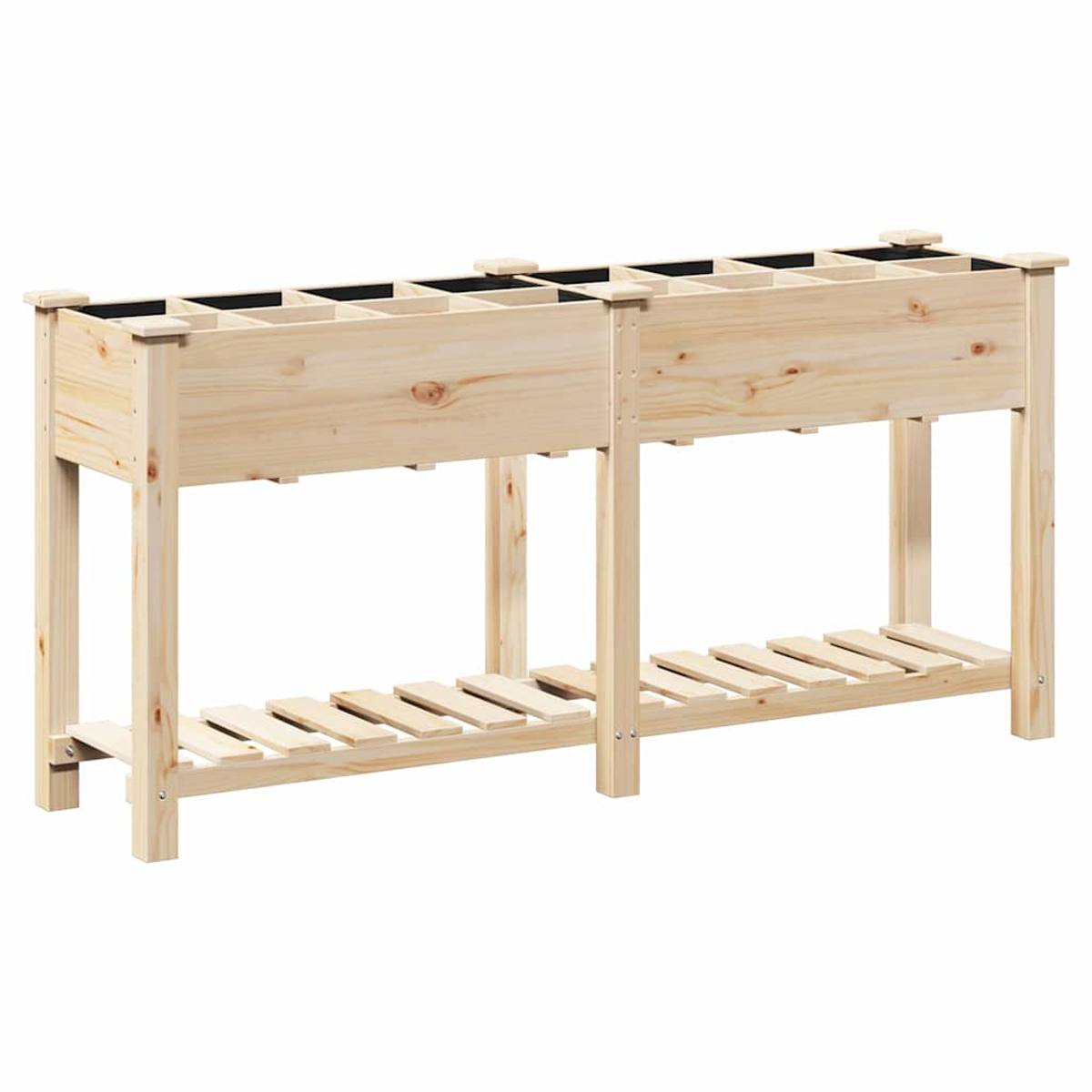 Ein hölzerner Pflanzkübel mit mehreren Fächern, der von Beinen getragen wird. Er hat ein Lattenregal darunter. Das Holz ist hell.