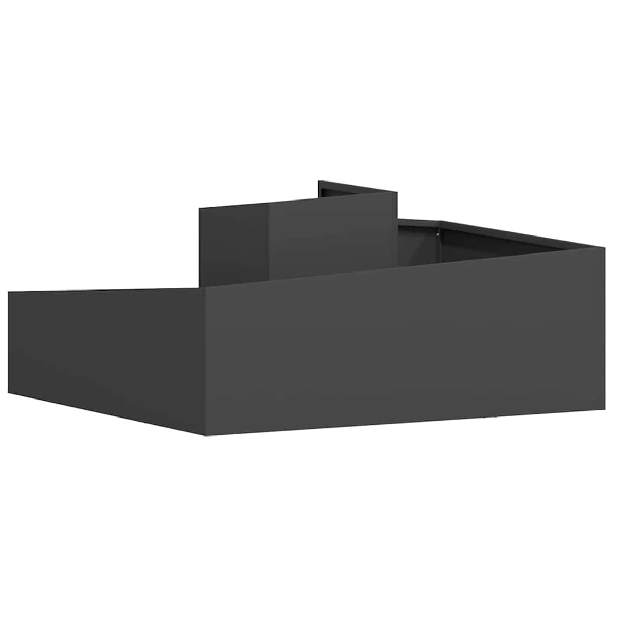 Una struttura angolare grigio scuro con varie sezioni rettangolari, simile a un design architettonico moderno, su sfondo bianco.