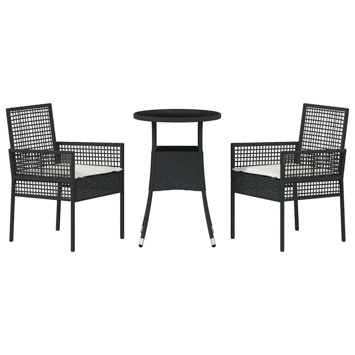 Ein Terrassenset mit zwei Stühlen und einem kleinen Tisch. Die Stühle und der Tisch sind schwarz, mit weißen Kissen.