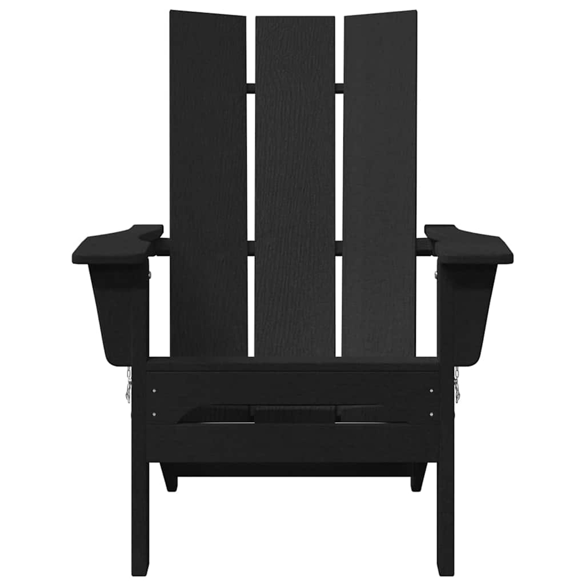 Ein schwarzer Adirondack-Stuhl. Er hat eine hohe Rückenlehne mit vertikalen Lamellen, breite Armlehnen und eine stabile Basis.