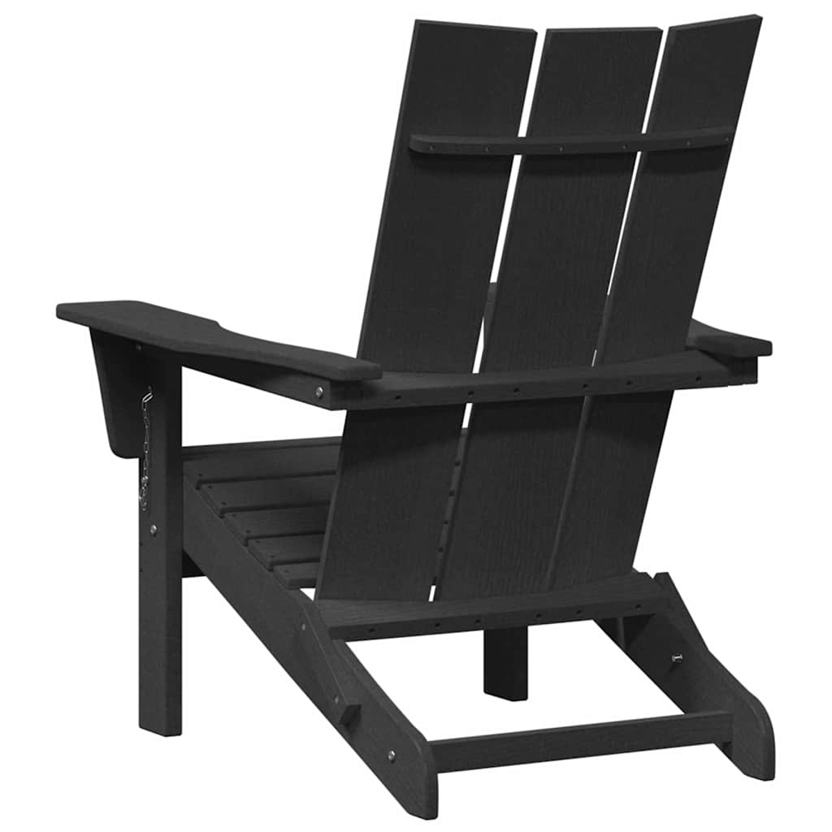 Ein schwarzer Adirondack-Stuhl von hinten. Es hat eine Lamellenlehne und Armlehnen. Der Stuhl steht vor einem weißen Hintergrund.