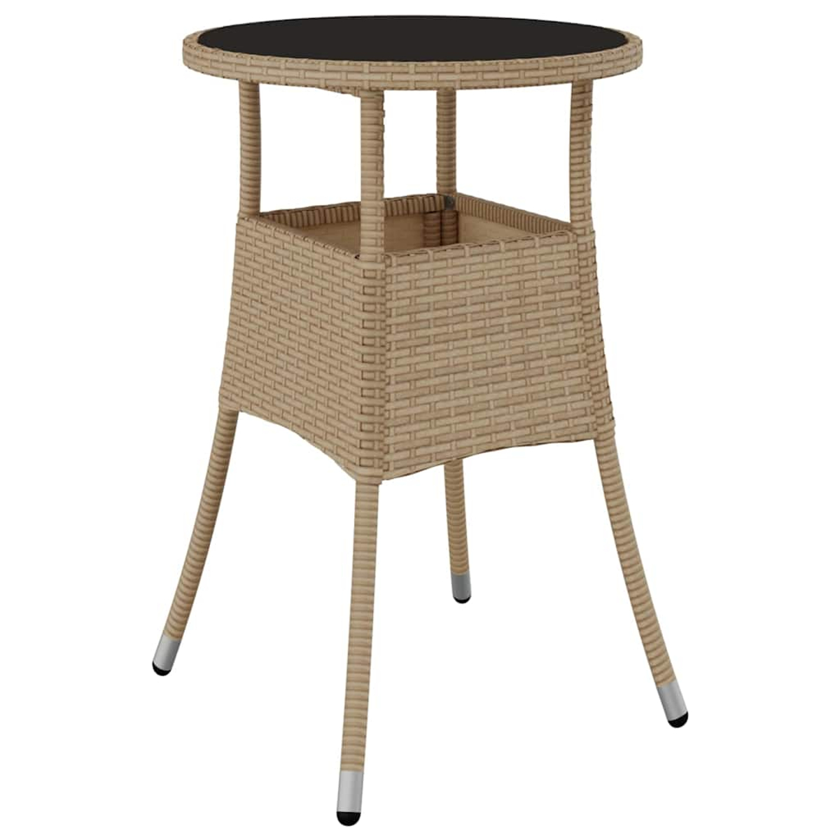 Ein Tisch im Rattan-Stil mit schwarzer runder Platte, einem korbähnlichen Körper und vier angewinkelten Beinen mit silbernen Spitzen.