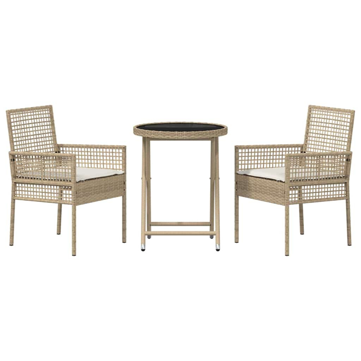 Zwei Korbstühle mit Kissen und ein kleiner runder Tisch mit dunkler Oberfläche. Das Set ist beige auf weißem Hintergrund.