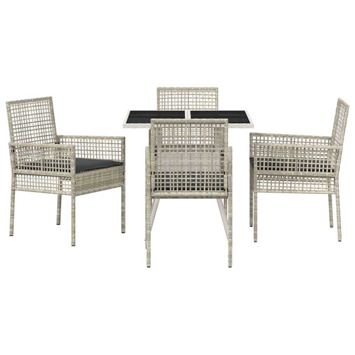 Ein Terrassenset mit einem quadratischen Tisch und vier gewebten Stühlen. Die Tischplatte ist schwarz und die Stühle haben schwarze Kissen.