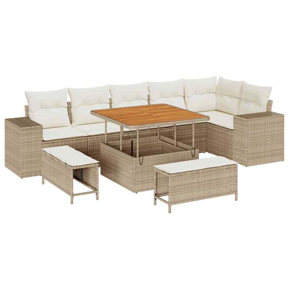 Set divano componibile da esterno con cuscini color crema e tavolo in legno. Include due panche. Il set è in vimini.