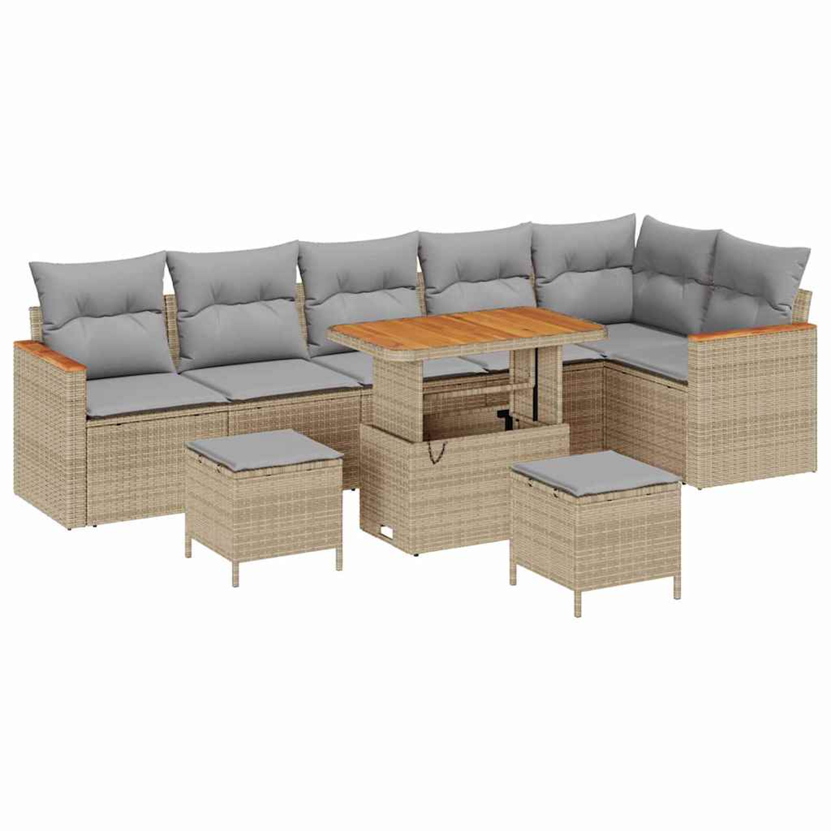 Un set di mobili da esterno in rattan. Include un divano angolare con cuscini grigi, un tavolo in legno e due piccoli pouf.