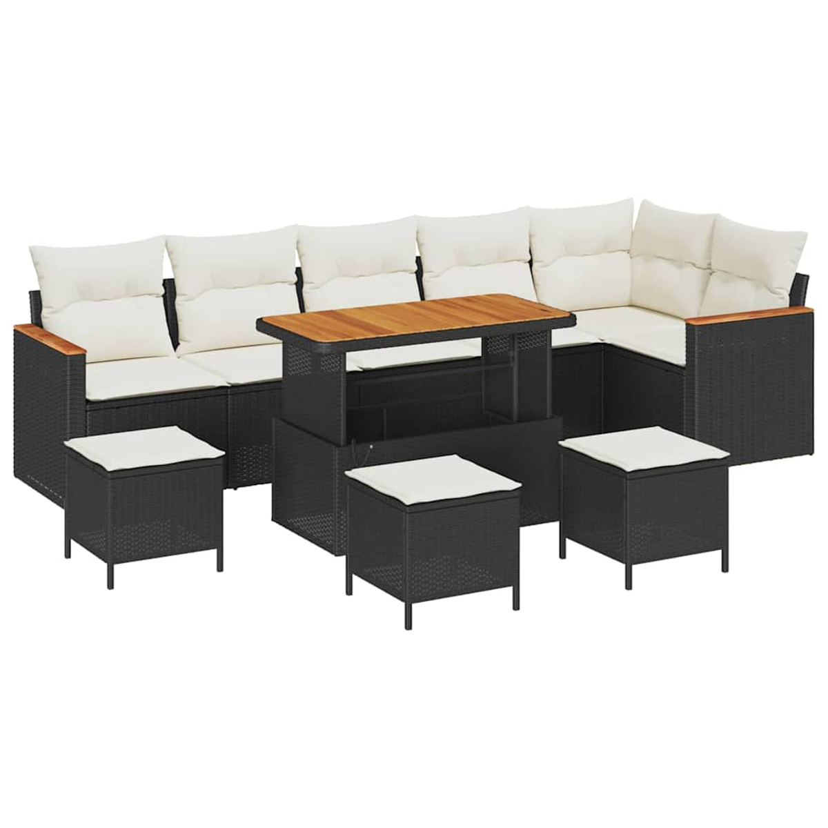 Set di mobili da esterno con vimini nero, cuscini color crema e tavolo in legno. Include un divano componibile, un tavolo e pouf.
