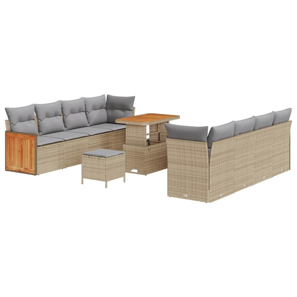 Set di mobili da esterno in vimini con cuscini grigi. Include un divano, un divano angolare, un tavolo e un pouf. Accenti in legno visibili.