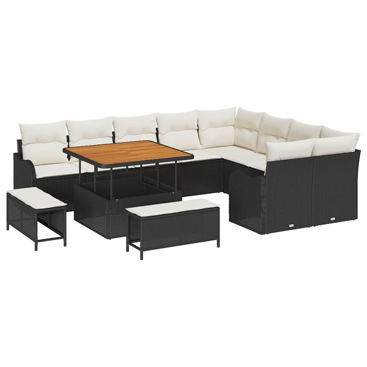 Divano angolare da esterno con tavolo in legno e due panche. Vimini nero con cuscini color crema. Isolato su sfondo bianco.