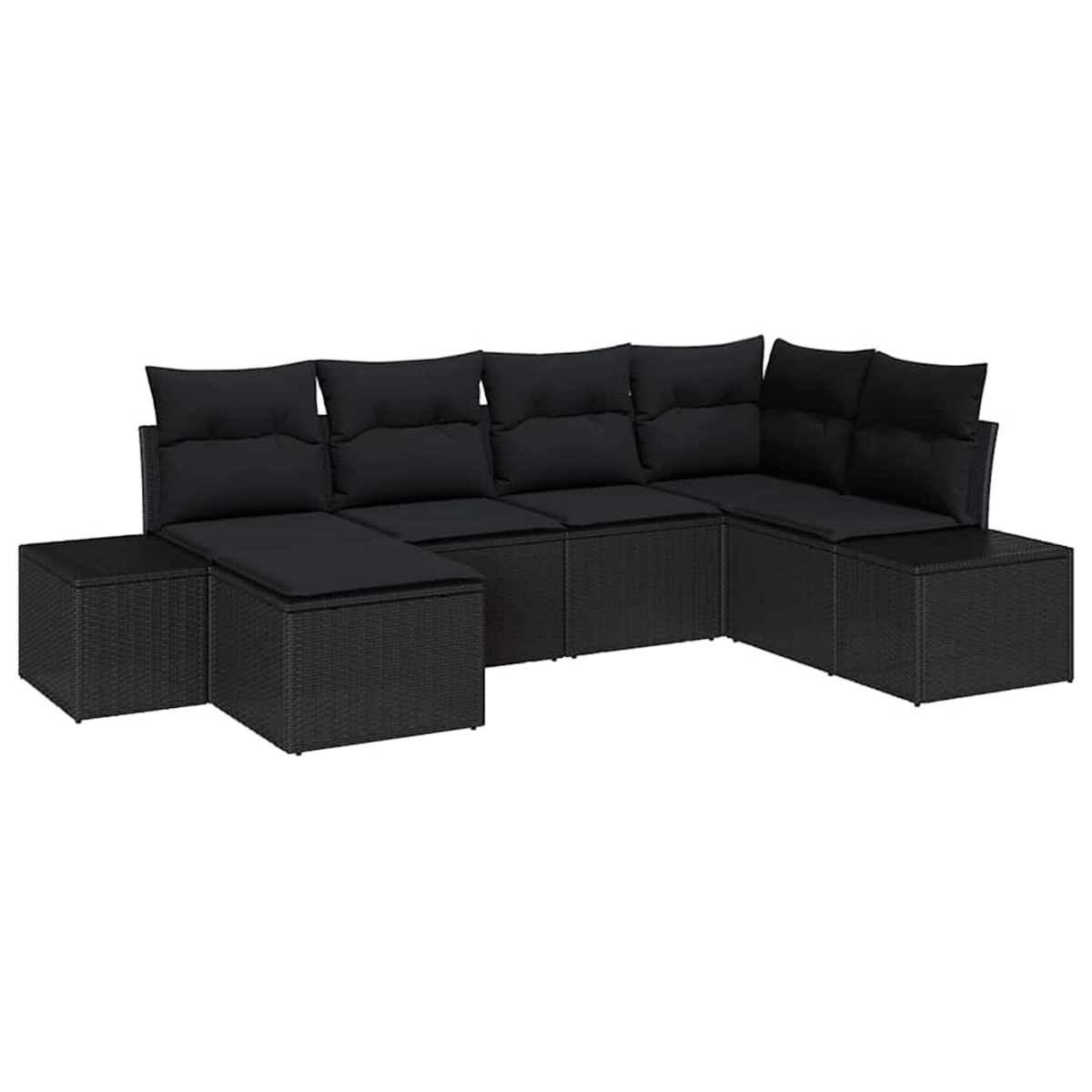 Divano componibile in vimini nero con cuscini. Include un tavolino. Disposto a forma di U su sfondo bianco.