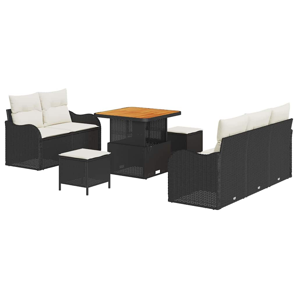 Un set di mobili da esterno in rattan nero su sfondo bianco. Include un divano, due sedie, un tavolo e due piccoli sgabelli.