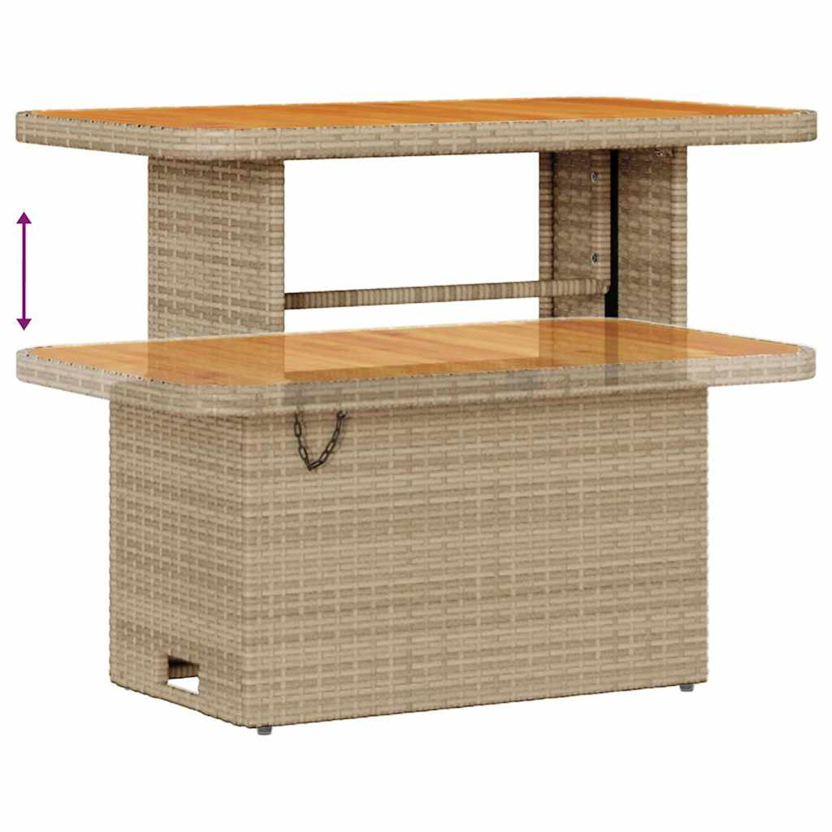 Tavolo da bar in vimini con piano in legno. Il tavolo ha due livelli, una catena e una freccia che indica la regolazione dell'altezza.