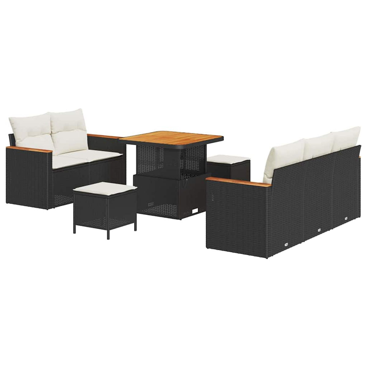 Set di mobili da esterno. Divani e pouf in vimini nero con cuscini bianchi, tavolo e braccioli in legno. Isolato su sfondo bianco.