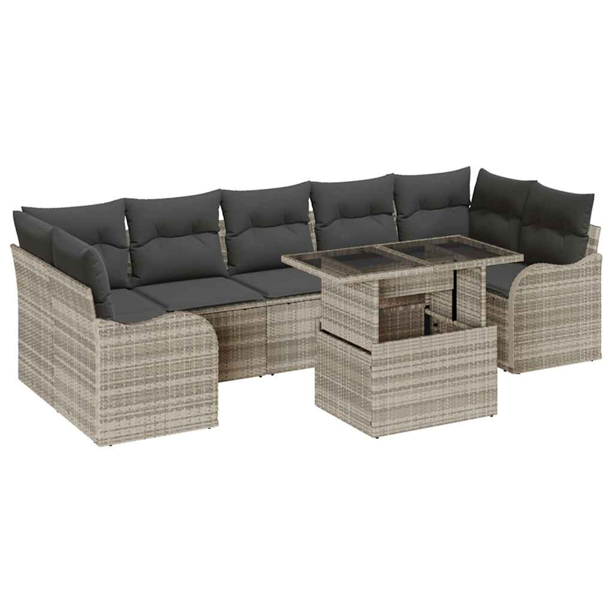 Ein hellgraues Outdoor-Ecksofa aus Korbgeflecht und ein passender Couchtisch mit dunkelgrauen Kissen. Der Tisch kann angehoben werden.