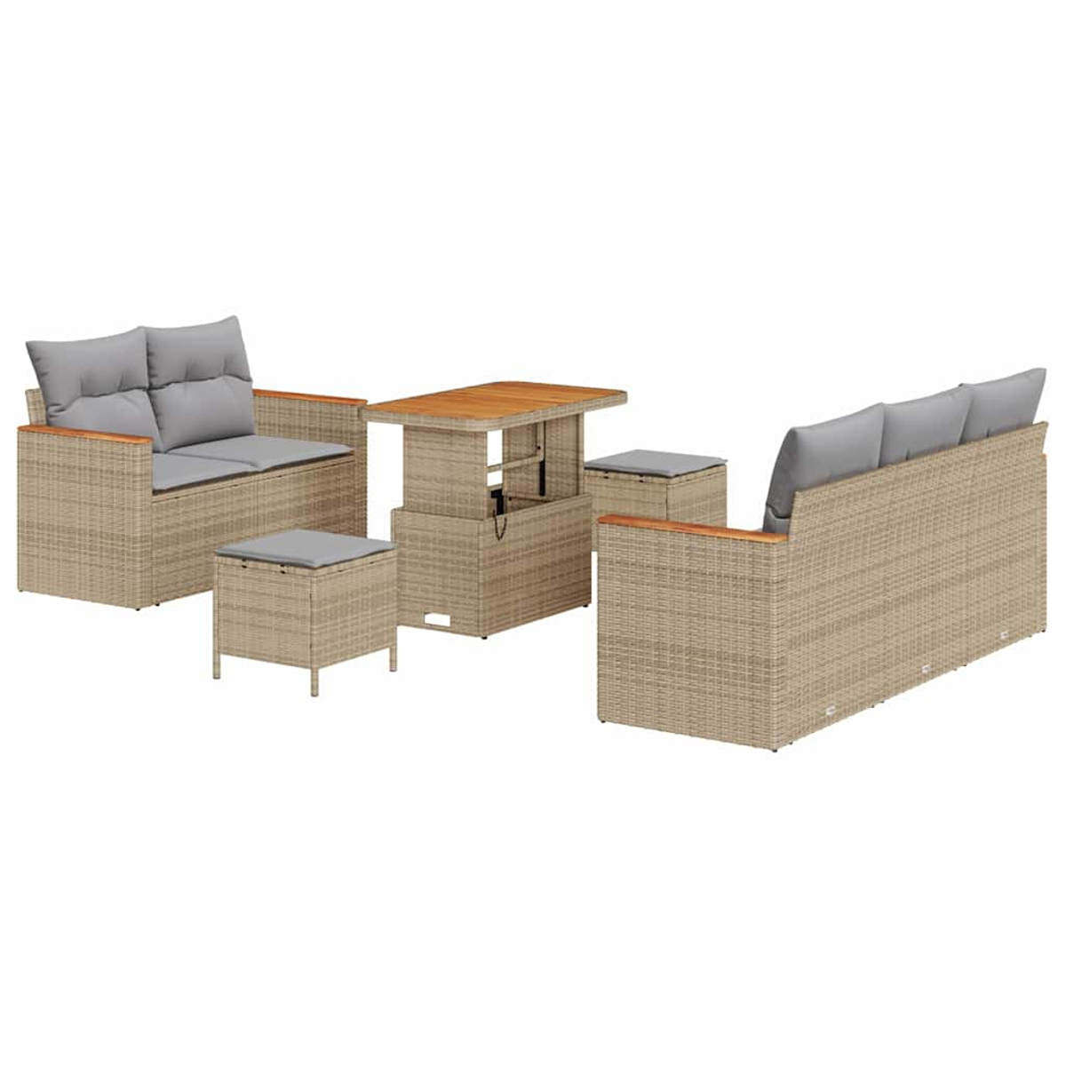 Set di mobili da esterno: un tavolo e quattro sedute. Vimini beige con cuscini grigi e piano del tavolo in legno.