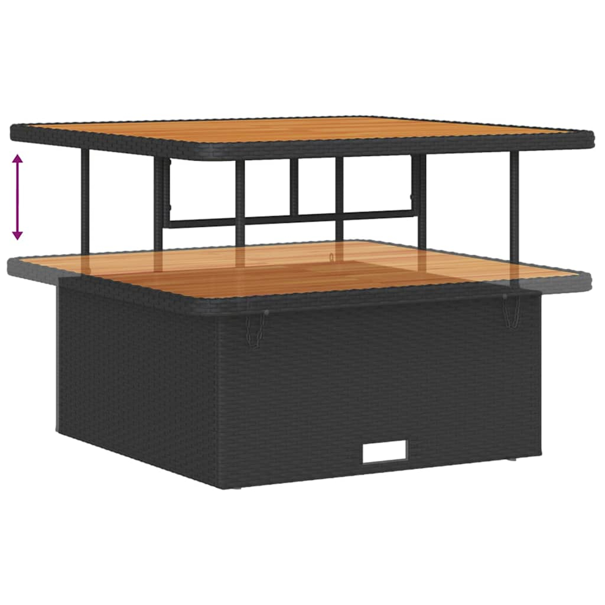 Outdoor-Bartisch mit schwarzem, gewebtem Sockel und zweistufiger Holzplatte. Der Tisch hat eine quadratische Form und ist leer.