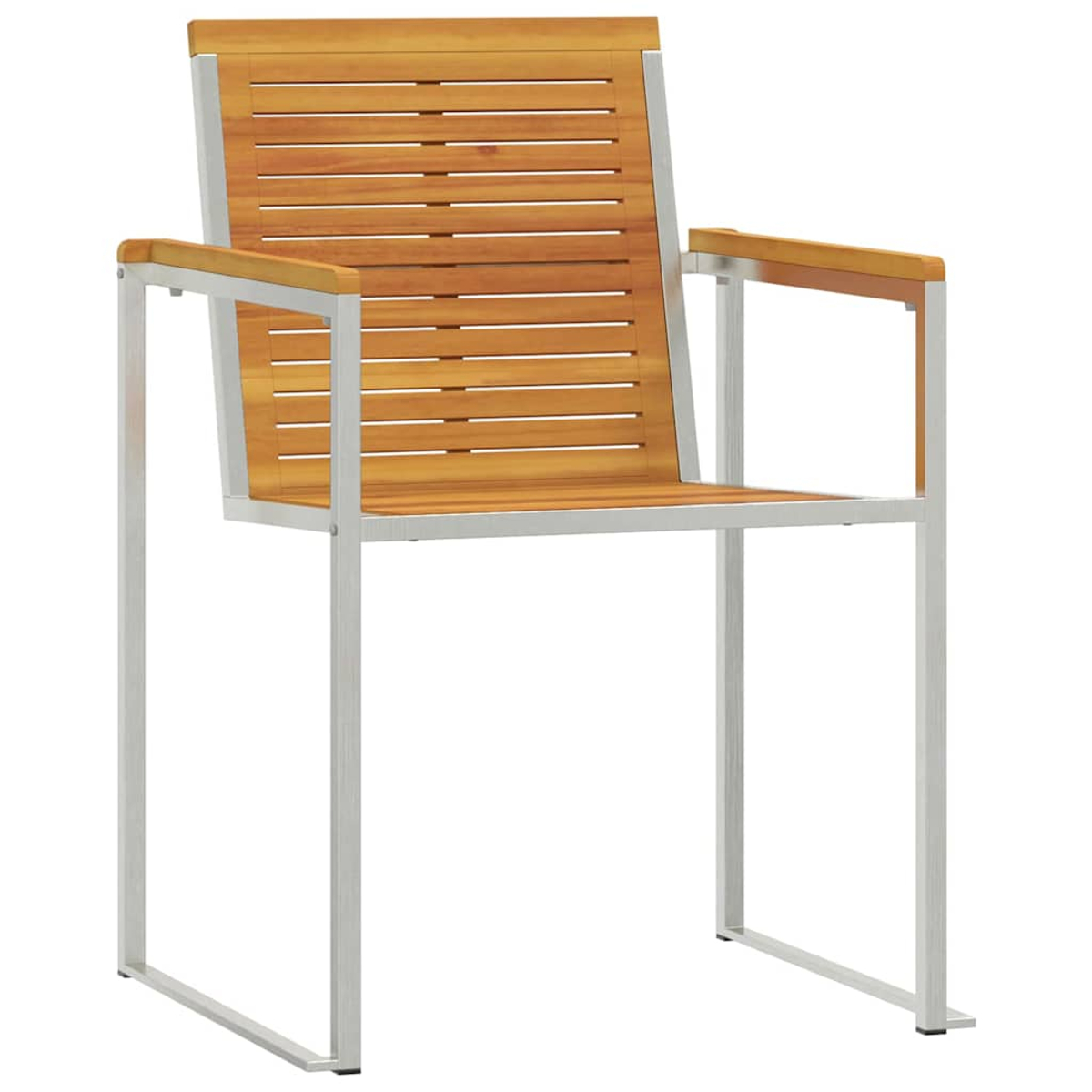 Holzstuhl mit Lattenrücken und -sitz, Metallrahmen und Armlehnen. Der Stuhl besteht aus Holz und Metall.